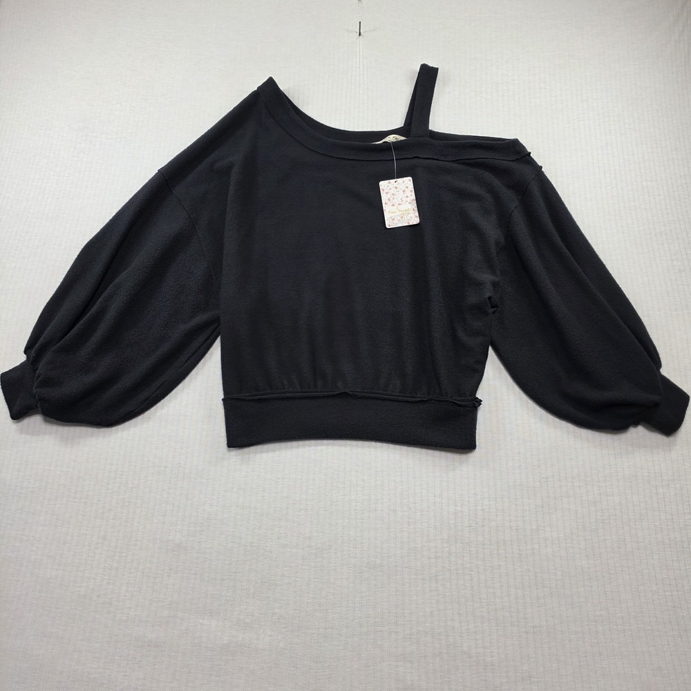 Free People Black Asymmetric Neck Balloon Sleeve Pullover Top XS Coquette Grunge